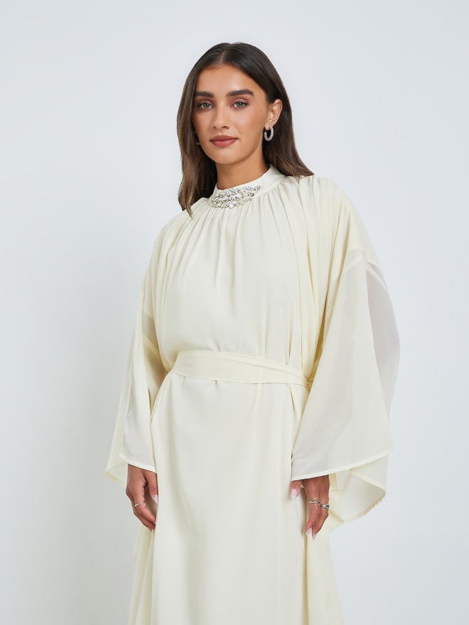 Styli Cream Embellished Cape Sleeves Maxi Kaftan Dress - Image 2