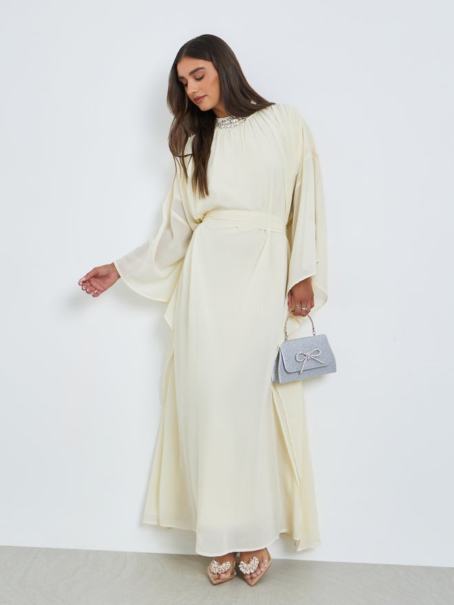 Styli Cream Embellished Cape Sleeves Maxi Kaftan Dress - Image 1