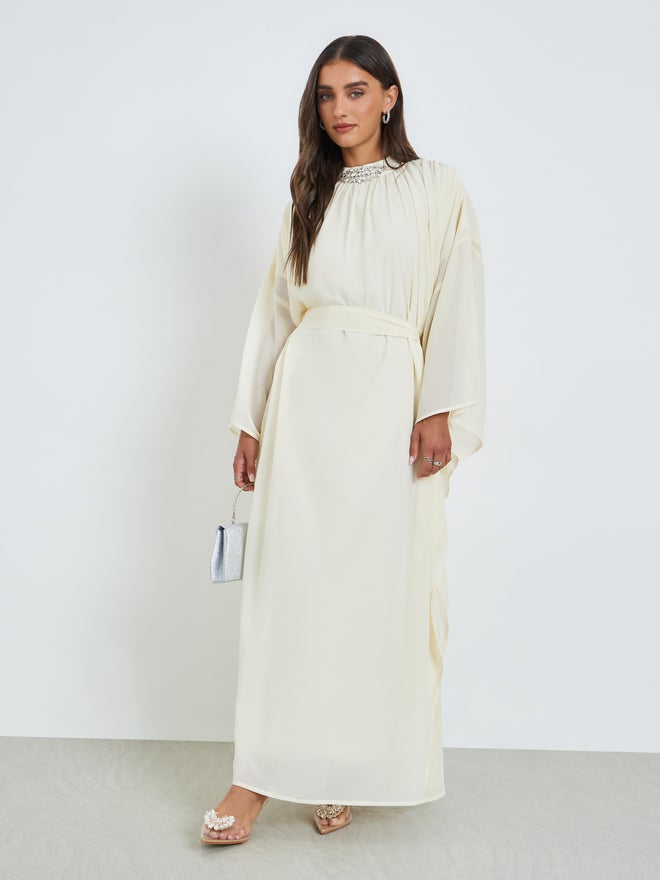 Styli Cream Embellished Cape Sleeves Maxi Kaftan Dress - Image 3