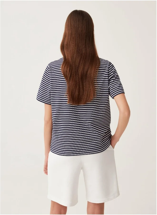 او في اس Ovs Striped Cotton T-Shirt With Round Neck