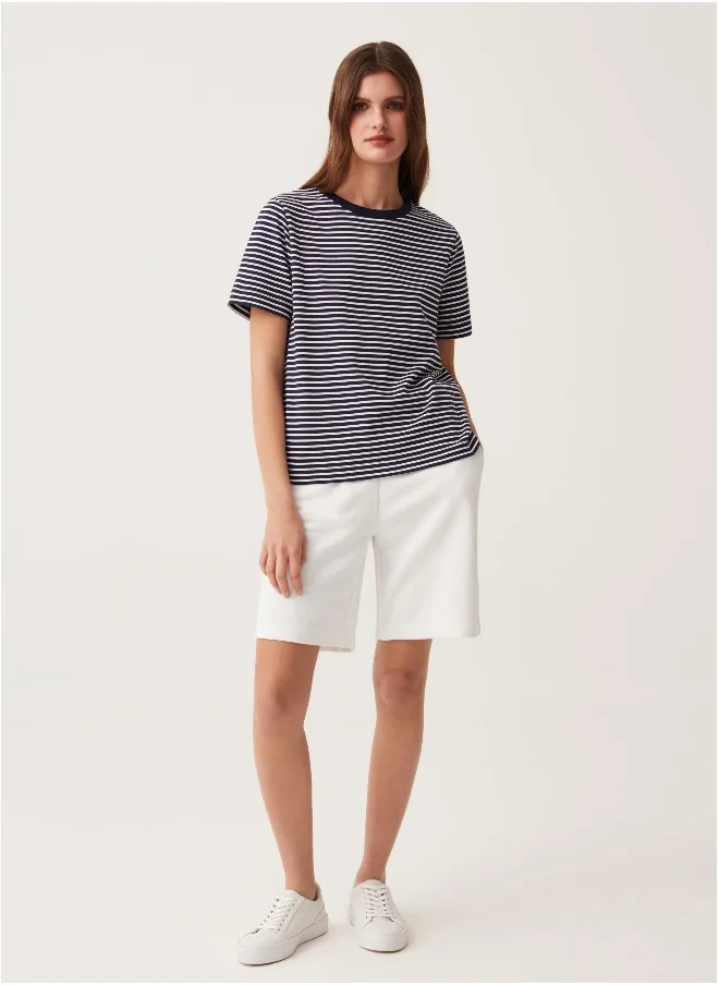 او في اس Ovs Striped Cotton T-Shirt With Round Neck