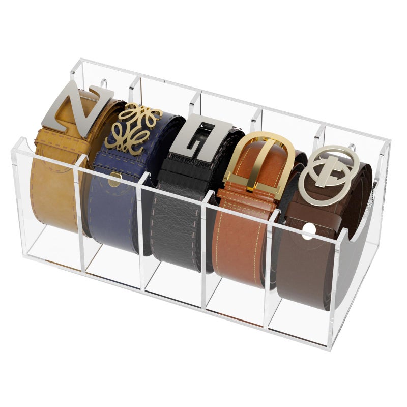 FEMELI Belt Organizer Acrylic 5 Compartments Container Storage Holder Clear Display Case for Closet Tie and Bow Tie