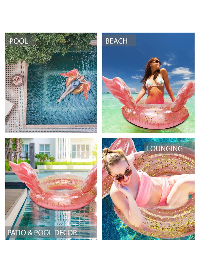SYOSI Inflatable Wings Pool Float Ring, Confetti Transparent Lounger for Summer Pool Party Fun Beach Lake - UV Resistant Vinyl Water Tube Toy - Glitter Rose Gold - Image 3