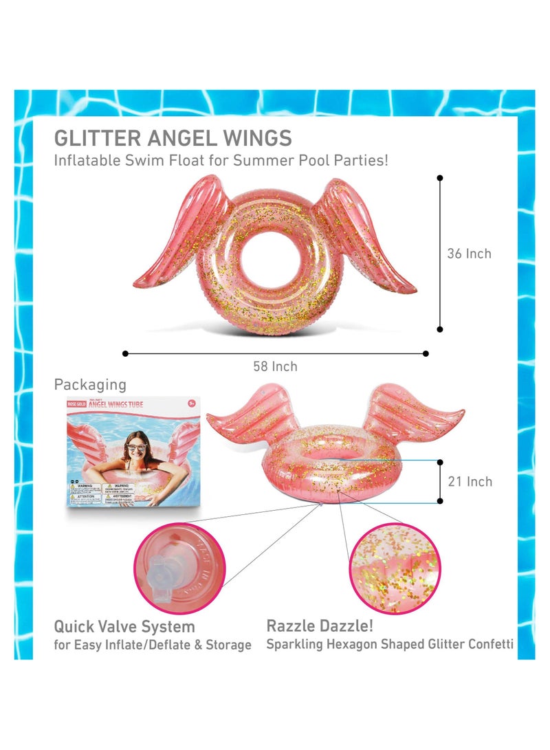 SYOSI Inflatable Wings Pool Float Ring, Confetti Transparent Lounger for Summer Pool Party Fun Beach Lake - UV Resistant Vinyl Water Tube Toy - Glitter Rose Gold - Image 2