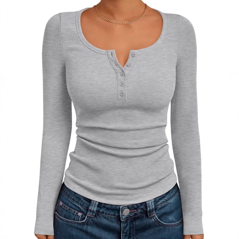 Women's Solid Button Front Long Sleeve Top - Image 3