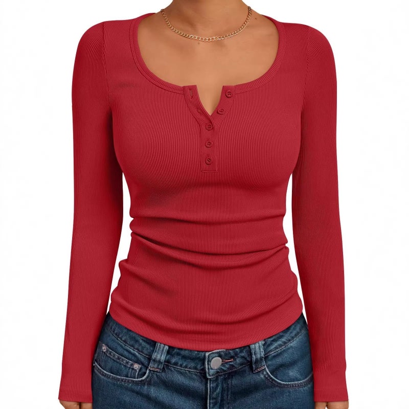 Women's Solid Button Front Long Sleeve Top - Image 2