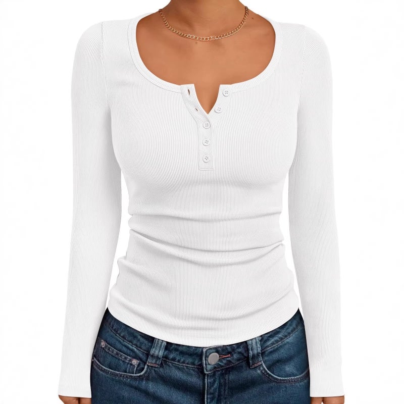 Women's Solid Button Front Long Sleeve Top - Image 1