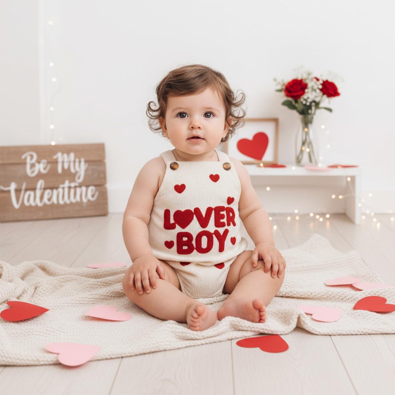 YINGISFITM My First Valentines Day Baby Boy Outfit Lover Boy Bubble Romper Newborn Heart Onesie Overalls Valentine Clothes (Lover Boy Beige, 6-12 Months) - Image 3