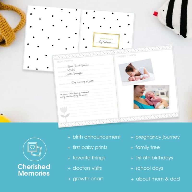 pearhead Hello Baby First 5 Years Memory Book, Gender-Neutral Baby Keepsake for New and Expectant Parents, Pregnancy And Milestone Journal, Modern Minimalist Black and Gold Polka Dot - Image 5