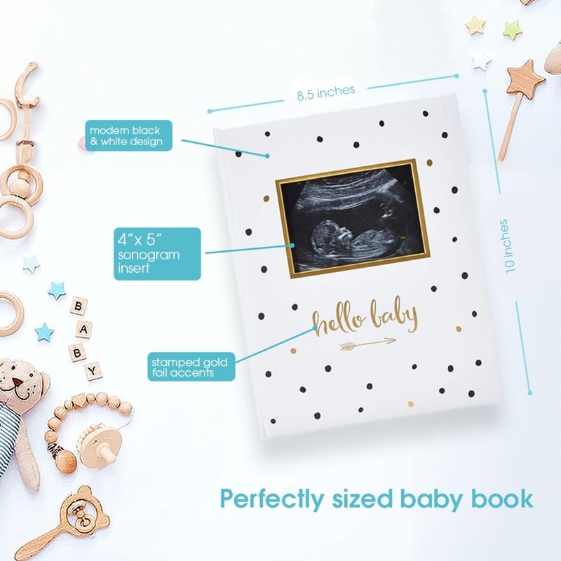 pearhead Hello Baby First 5 Years Memory Book, Gender-Neutral Baby Keepsake for New and Expectant Parents, Pregnancy And Milestone Journal, Modern Minimalist Black and Gold Polka Dot - Image 3