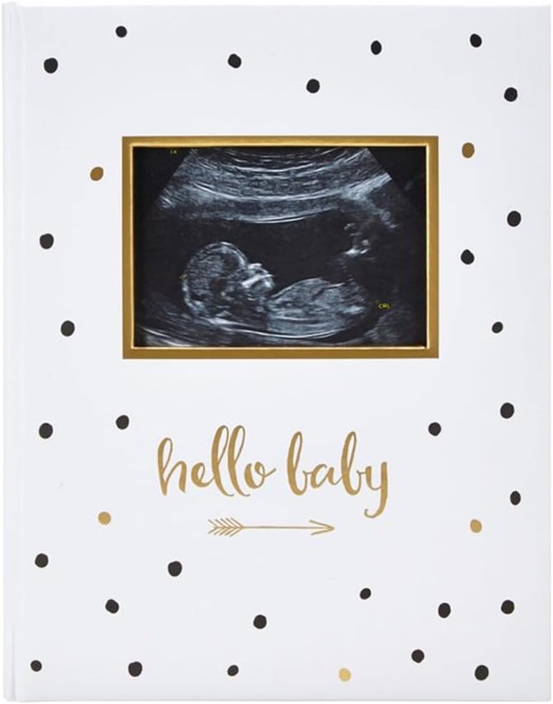 pearhead Hello Baby First 5 Years Memory Book, Gender-Neutral Baby Keepsake for New and Expectant Parents, Pregnancy And Milestone Journal, Modern Minimalist Black and Gold Polka Dot - Image 1