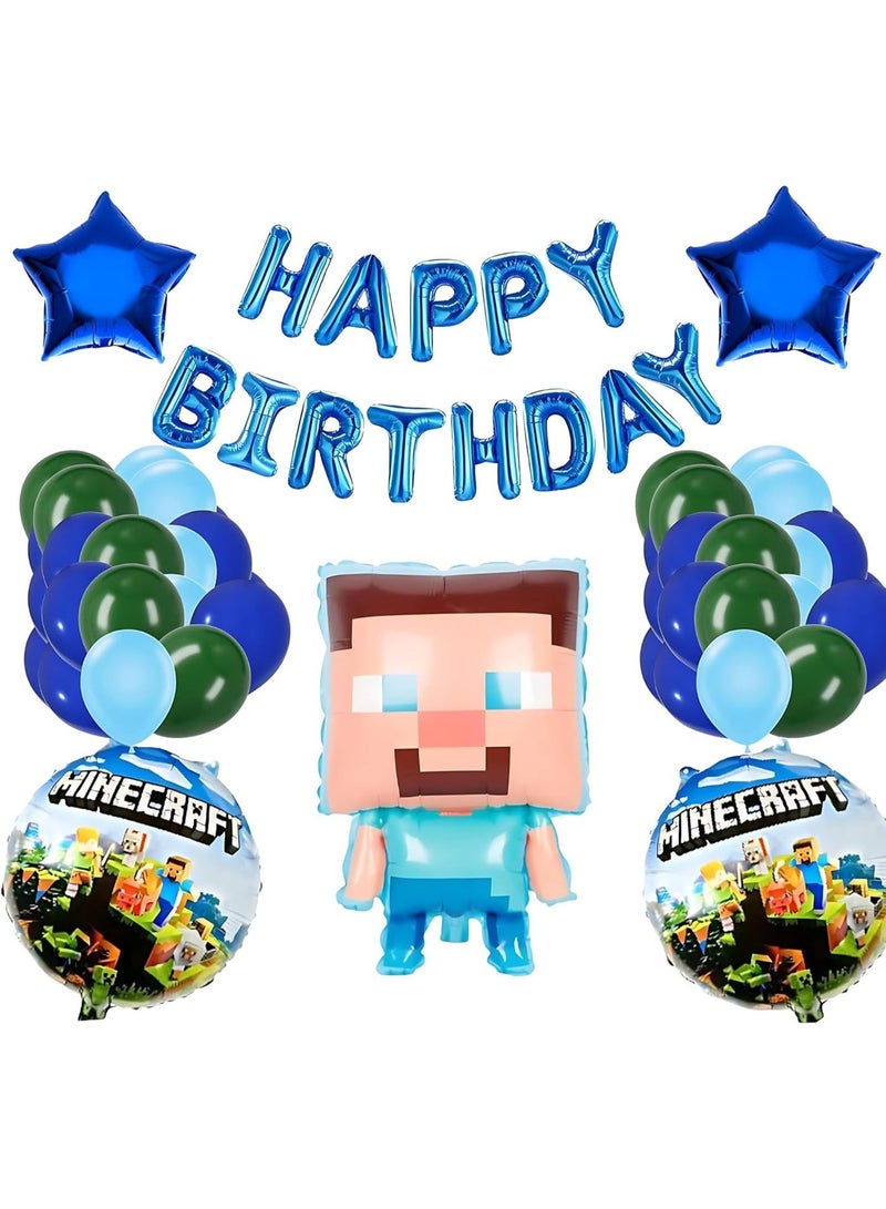 زينة عيد ميلاد ماينكرافت للأولاد | بالونات عيد ميلاد بطابع ألعاب البيكسل، لافتة عيد ميلاد سعيد، مستلزمات تزيين حفلات الألعاب للأطفال - Image 1