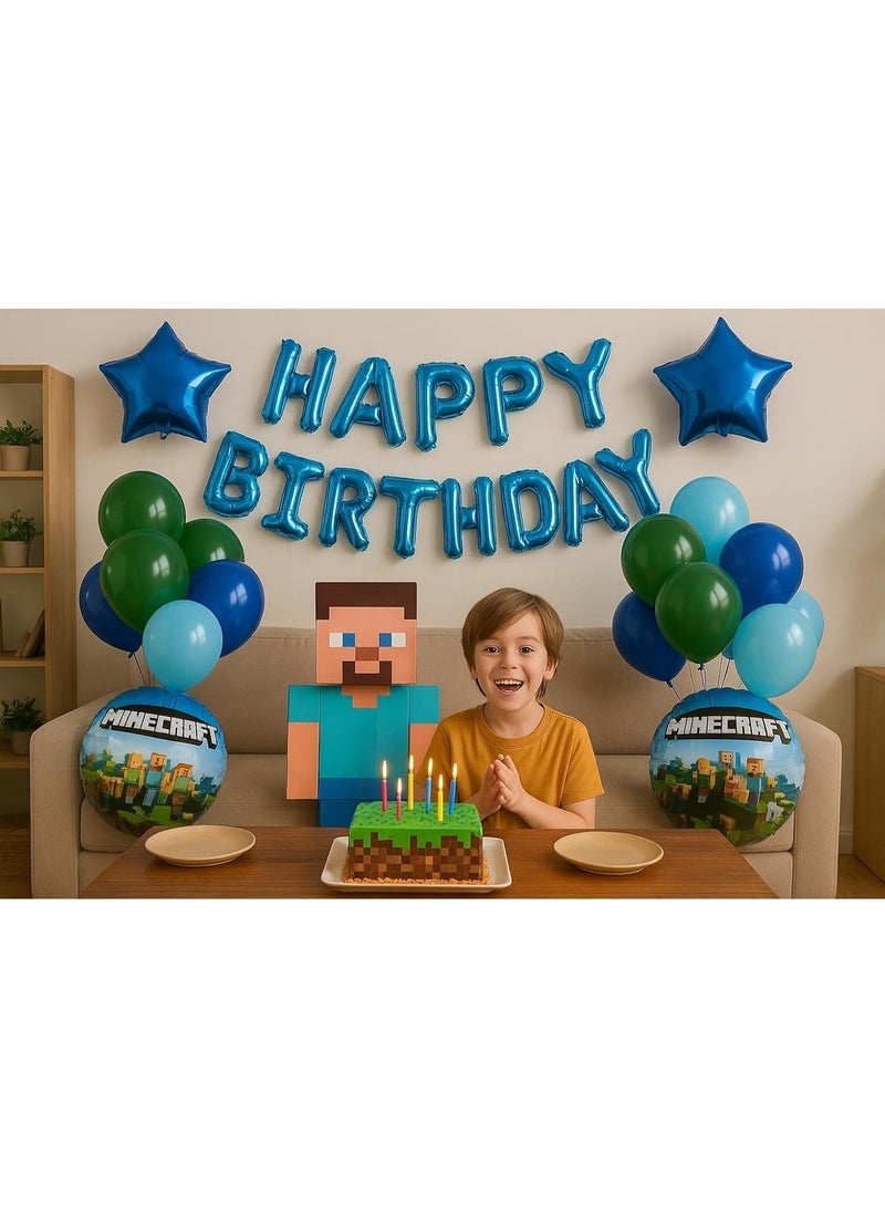زينة عيد ميلاد ماينكرافت للأولاد | بالونات عيد ميلاد بطابع ألعاب البيكسل، لافتة عيد ميلاد سعيد، مستلزمات تزيين حفلات الألعاب للأطفال - Image 3