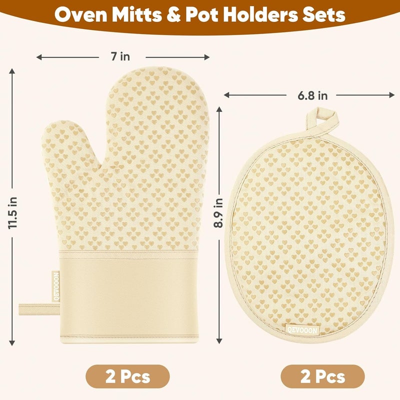 Qevooon Oven Mitts and Pot Holders 4 Sets, Heat Resistant 500 ℉ Oven Mitt and Pot Holder,Oven Glove&Potholders with Non-Slip Silicone Surface,Kitchen Essentials for Cooking/Baking/BBQ-Beige - Image 2