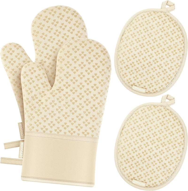 Qevooon Oven Mitts and Pot Holders 4 Sets, Heat Resistant 500 ℉ Oven Mitt and Pot Holder,Oven Glove&Potholders with Non-Slip Silicone Surface,Kitchen Essentials for Cooking/Baking/BBQ-Beige - Image 1