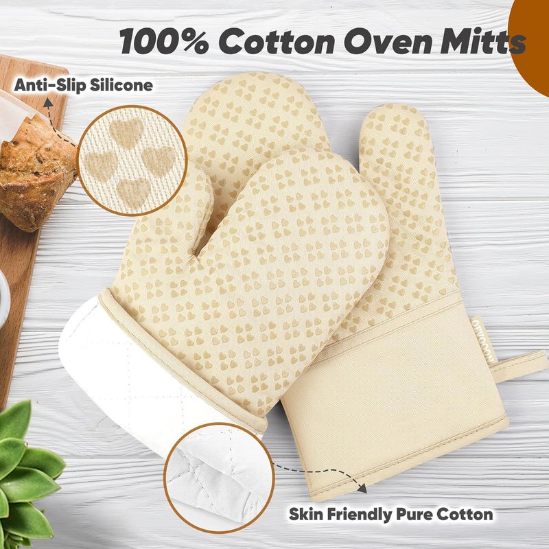 Qevooon Oven Mitts and Pot Holders 4 Sets, Heat Resistant 500 ℉ Oven Mitt and Pot Holder,Oven Glove&Potholders with Non-Slip Silicone Surface,Kitchen Essentials for Cooking/Baking/BBQ-Beige - Image 3