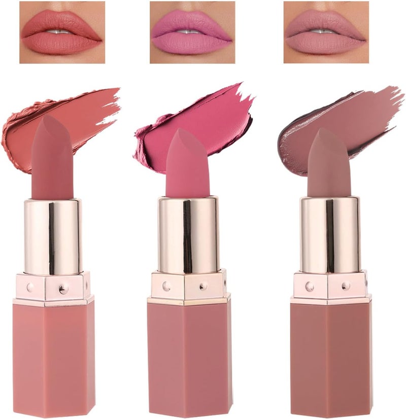 Matte Lipstick Set of 3 Long Lasting Velvet Lip Gloss in Peach Pink Nude Hydrating Highly Pigmented NonStick Cup Lip Stain for Women Girls