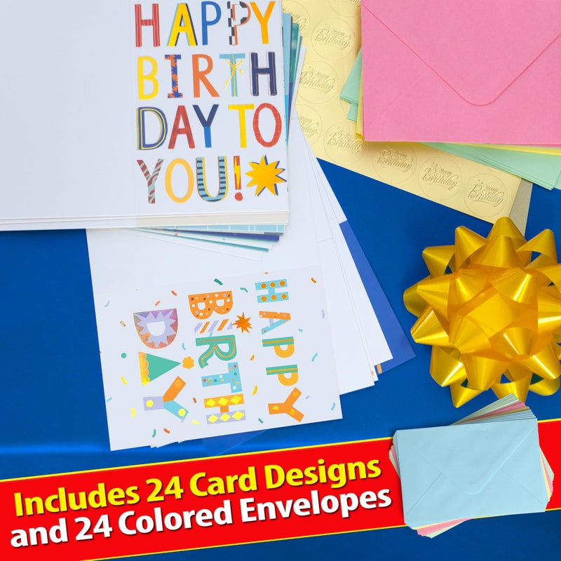 Solpla 24 Pack Assorted Birthday Cards with Gold Foil, Messages, Envelopes, and Stickers | 4x6 Inch Happy Birthday Cards Bulk for Family, Kids, Friends, Work, and Office Celebrations. - Image 2