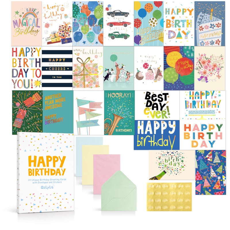 Solpla 24 Pack Assorted Birthday Cards with Gold Foil, Messages, Envelopes, and Stickers | 4x6 Inch Happy Birthday Cards Bulk for Family, Kids, Friends, Work, and Office Celebrations. - Image 1