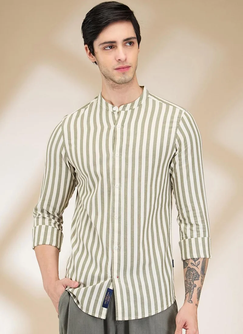 بيينغ هيومان Men Classic Band Collar Vertical Striped Cotton Casual Shirt