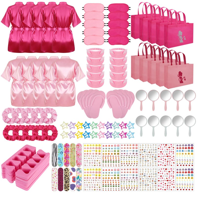 Hoemwarm 122 Pcs Pink, Hot Pink Girls Spa Party Kit, 10-Pack Slumber Party Favors with Satin Robes, Tote Bags, and Nail Salon Accessories for Kids Spa Birthday, Halloween, Home Party Supplies - Image 1