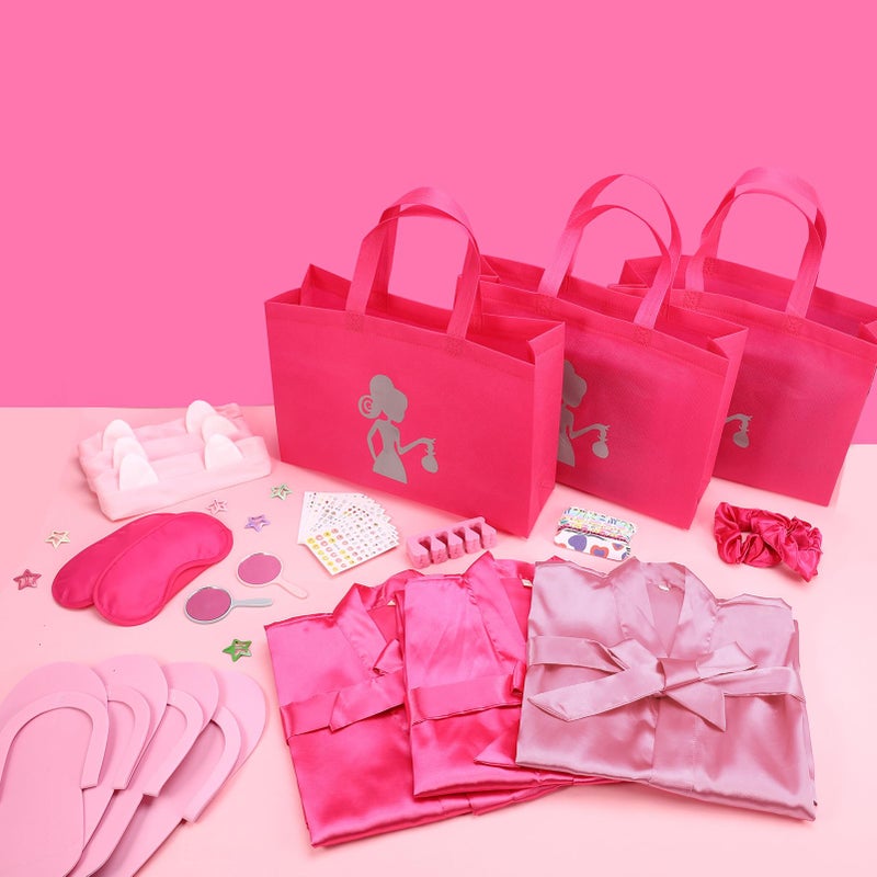 Hoemwarm 122 Pcs Pink, Hot Pink Girls Spa Party Kit, 10-Pack Slumber Party Favors with Satin Robes, Tote Bags, and Nail Salon Accessories for Kids Spa Birthday, Halloween, Home Party Supplies - Image 3