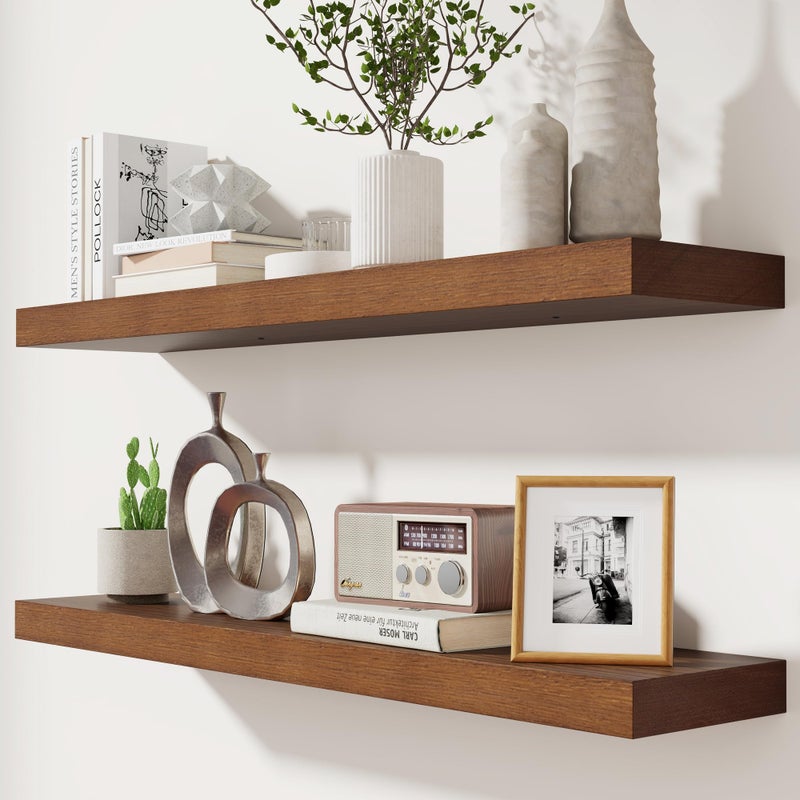 fuqing Rustic Floating Shelves for Wall 36 Inch Floating Shelves Set of 2 Solid Dark Wood Wall Shelves for Living Room Bedroom Bathroom