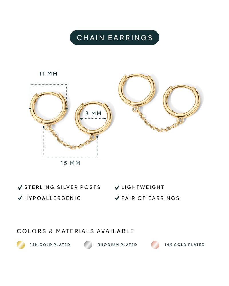 PAVOI 14K Gold Chain Earrings for Women | Double Piercing Dangle Chain Huggie Hoop Earrings | Cubic Zirconia Pearl Stud Ear Cuff Earrings for Women, 11mm, Yellow Gold, No Gemstone - Image 3