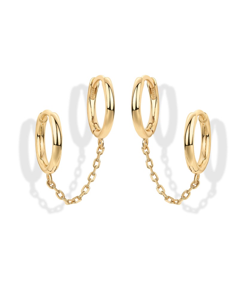 PAVOI 14K Gold Chain Earrings for Women | Double Piercing Dangle Chain Huggie Hoop Earrings | Cubic Zirconia Pearl Stud Ear Cuff Earrings for Women, 11mm, Yellow Gold, No Gemstone - Image 1