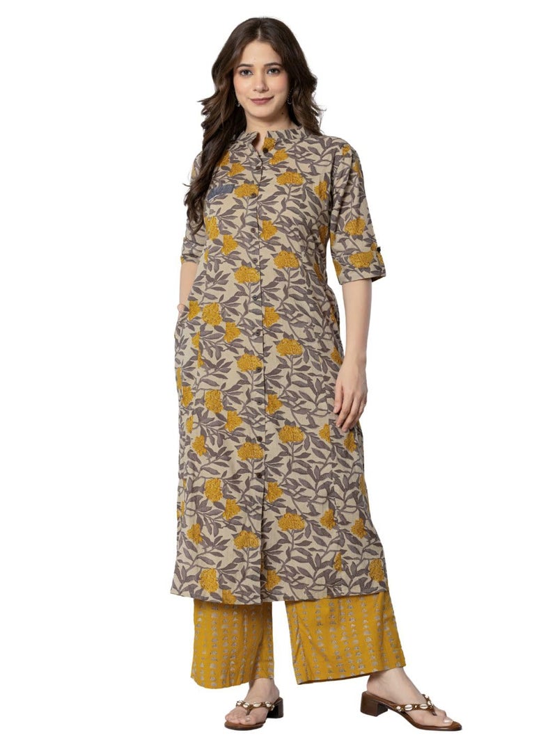 rytras Women's Cotton Printed A-Line Kurta with Palazzo Pant Set(Mustard,RYT583,3XL) - Image 1