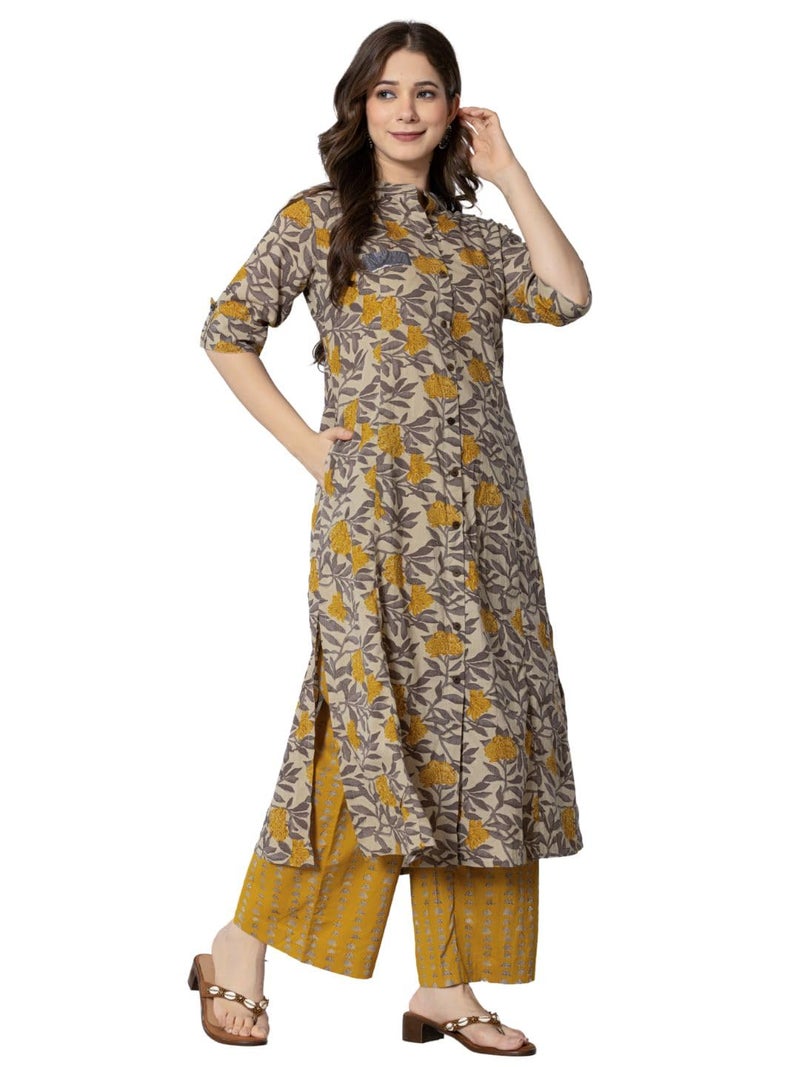 rytras Women's Cotton Printed A-Line Kurta with Palazzo Pant Set(Mustard,RYT583,3XL) - Image 4