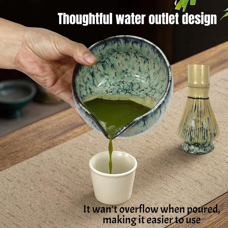 GEXHSRGD Matcha Whisk Set 6 pc Kit - Traditional Japanese Chasen, Bamboo Whisk Holder, Ceramic Bowl with Spout, Sifter & 2 pc Spoons - matcha kit set, Gift for Matcha Tea Lovers(Quenching Blue) - Image 3
