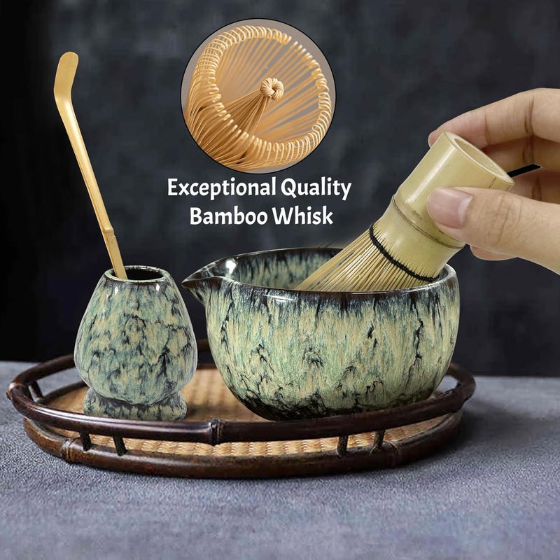 GEXHSRGD Matcha Whisk Set 6 pc Kit - Traditional Japanese Chasen, Bamboo Whisk Holder, Ceramic Bowl with Spout, Sifter & 2 pc Spoons - matcha kit set, Gift for Matcha Tea Lovers(Quenching Blue) - Image 4
