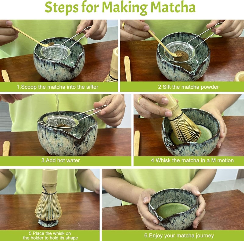 GEXHSRGD Matcha Whisk Set 6 pc Kit - Traditional Japanese Chasen, Bamboo Whisk Holder, Ceramic Bowl with Spout, Sifter & 2 pc Spoons - matcha kit set, Gift for Matcha Tea Lovers(Quenching Blue) - Image 5
