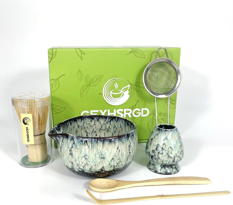GEXHSRGD Matcha Whisk Set 6 pc Kit - Traditional Japanese Chasen, Bamboo Whisk Holder, Ceramic Bowl with Spout, Sifter & 2 pc Spoons - matcha kit set, Gift for Matcha Tea Lovers(Quenching Blue) - Image 1