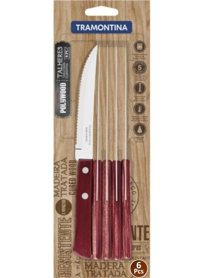 TRAMONTINA Polywood 6 Pieces Steak Knife Set with Stainless Steel Blade and Red Dishwasher Safe Treated Handle  - Image 1