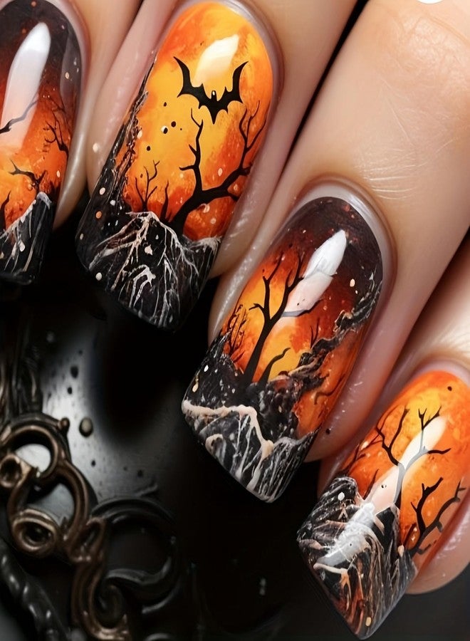 OCOUYVD 24 Pcs Halloween Press On Nails - Short Square Glossy False Nails with Bats Design, Full Cover Terror Reusable Acrylic Nails for Women's Manicure Decoration - Image 1