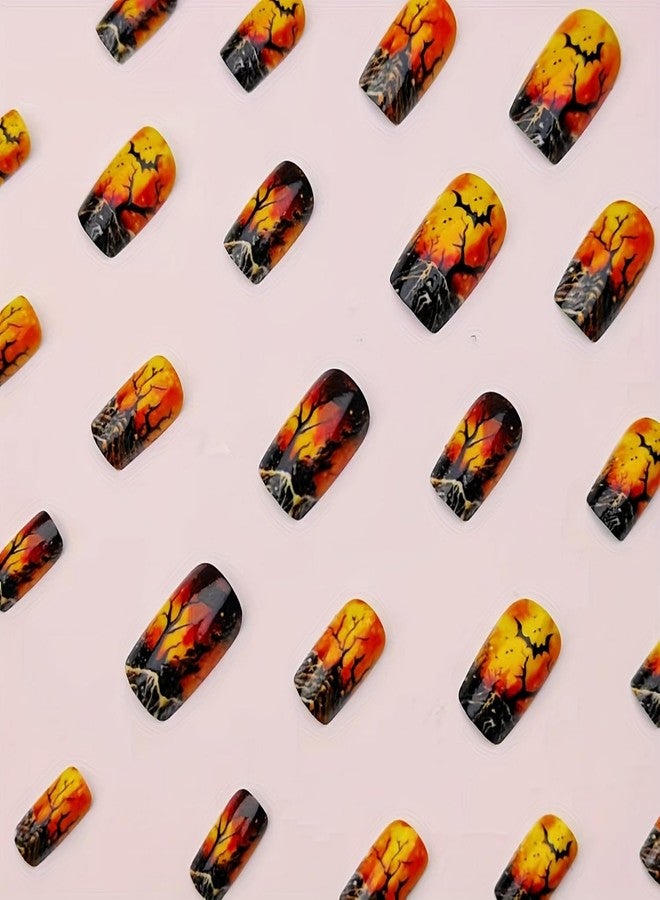OCOUYVD 24 Pcs Halloween Press On Nails - Short Square Glossy False Nails with Bats Design, Full Cover Terror Reusable Acrylic Nails for Women's Manicure Decoration - Image 2