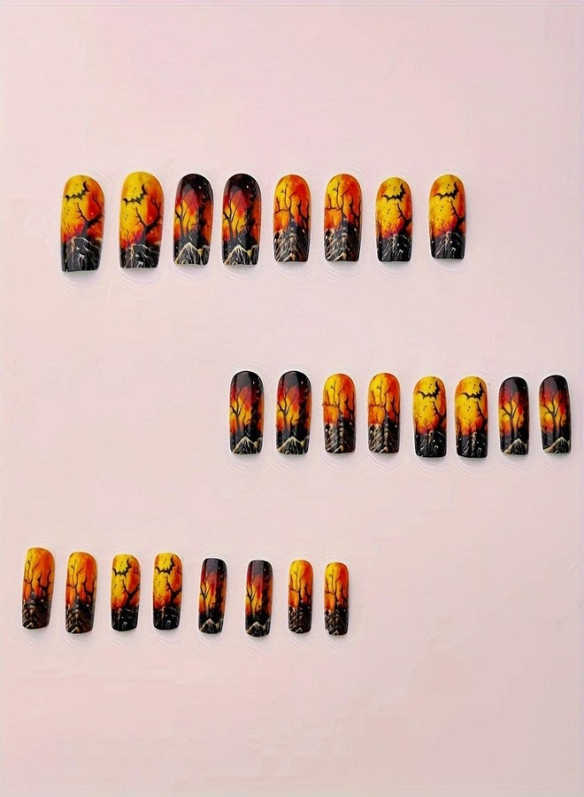 OCOUYVD 24 Pcs Halloween Press On Nails - Short Square Glossy False Nails with Bats Design, Full Cover Terror Reusable Acrylic Nails for Women's Manicure Decoration - Image 4