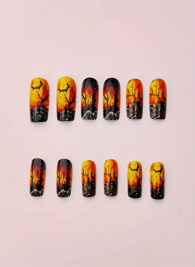 OCOUYVD 24 Pcs Halloween Press On Nails - Short Square Glossy False Nails with Bats Design, Full Cover Terror Reusable Acrylic Nails for Women's Manicure Decoration - Image 3