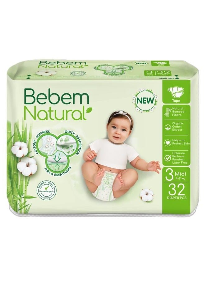 Bebem Bebem Natural Baby Diapers Midi Size 3 (4-9 kg) - 32 Pieces | Hypoallergenic & Breathable  - Image 1