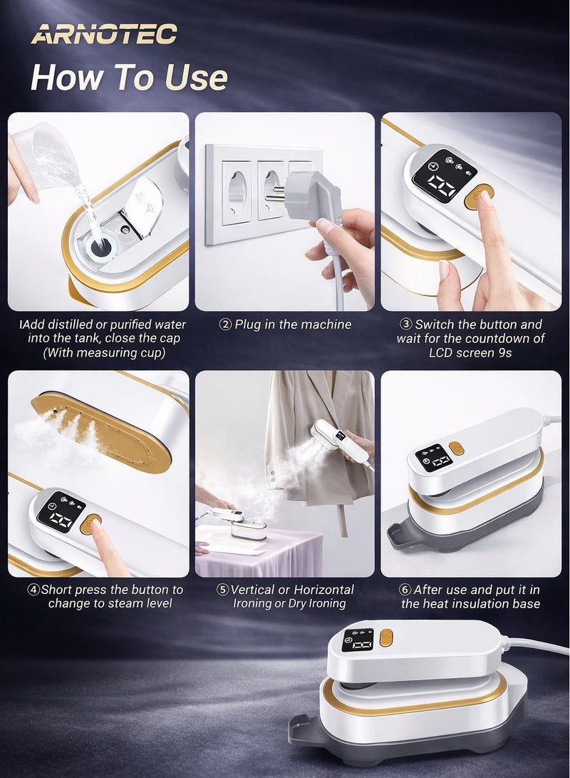 ARNOTEC 2-in-1 Handheld Garment Steamer with 180° Rotatable Handle, 1200W Power, 150ml Water Tank, LED Display – Mini Portable Steam Iron for Clothes, Travel & Home Use - Image 5