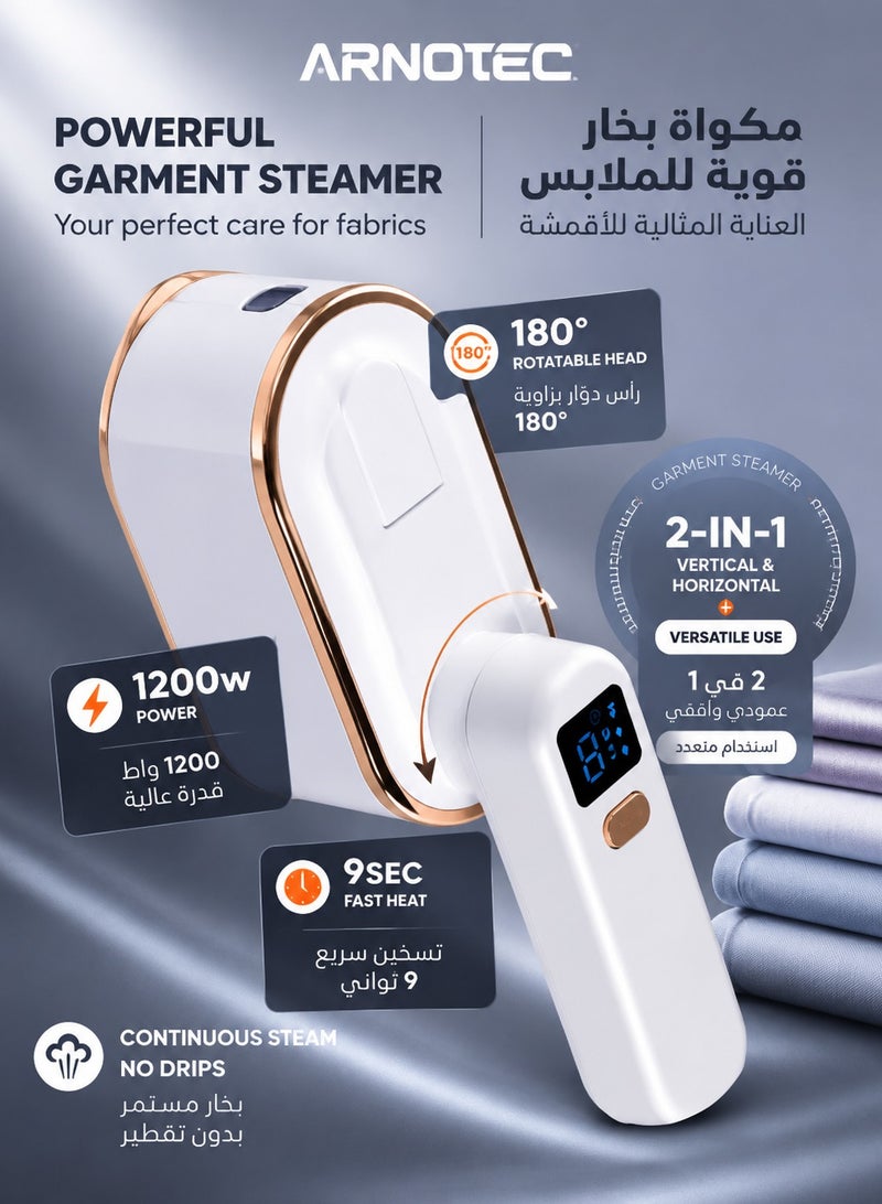 ARNOTEC 2-in-1 Handheld Garment Steamer with 180° Rotatable Handle, 1200W Power, 150ml Water Tank, LED Display – Mini Portable Steam Iron for Clothes, Travel & Home Use - Image 1