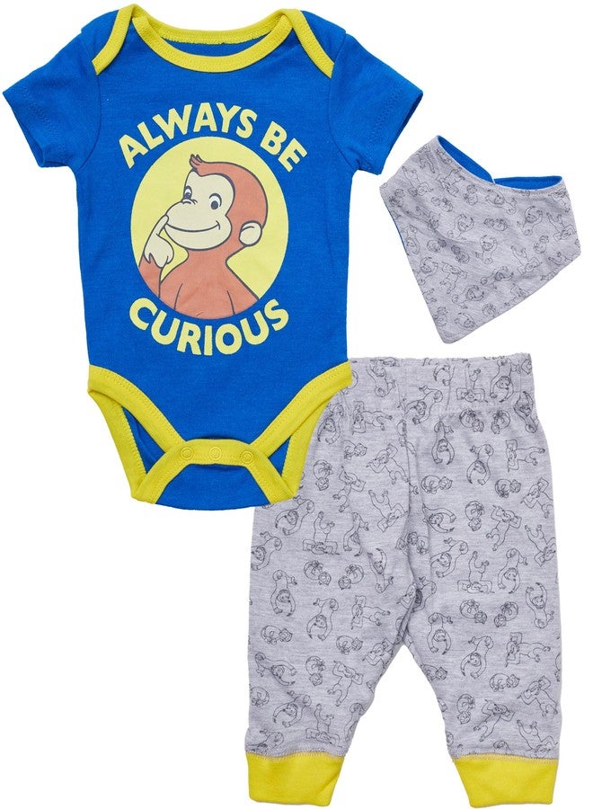 Happy Threads Curious George Baby Boys' Bodysuit Pants and Bandana Accessory 3 Piece Set (Blue/Yellow, 3-6 Months) - Image 1