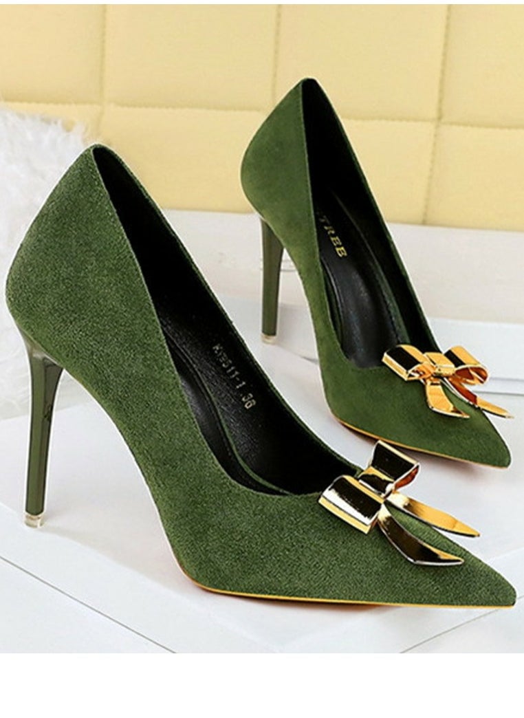 BIGTREE Women's Suede Closed Pointed Toe Stiletto Pump Metal Bowknot Decoration High Heels Green 10.5CM  - Image 2