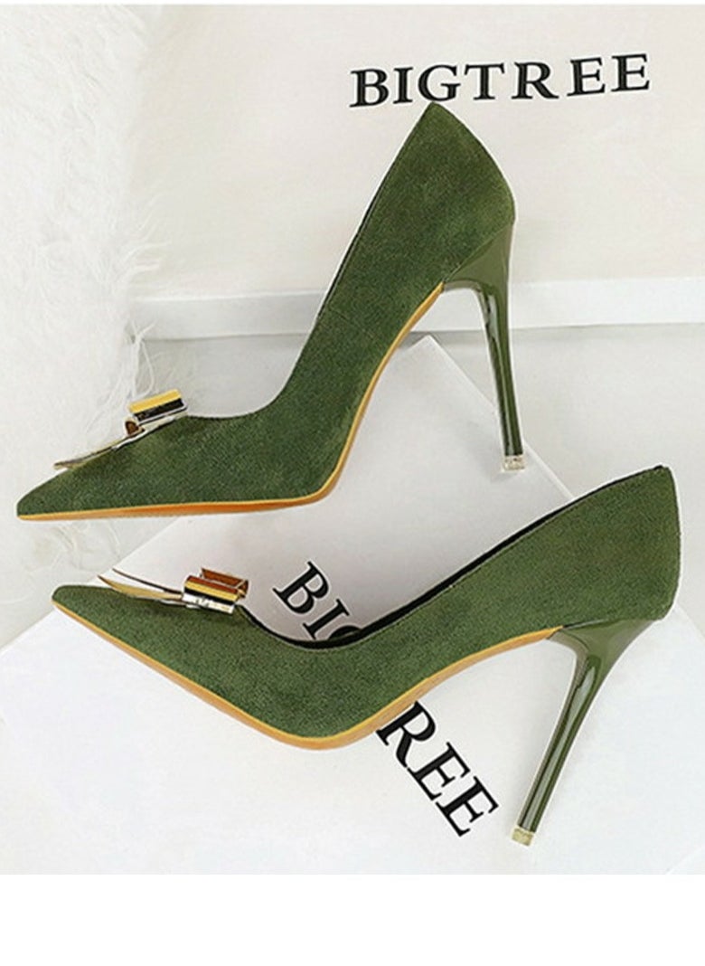BIGTREE Women's Suede Closed Pointed Toe Stiletto Pump Metal Bowknot Decoration High Heels Green 10.5CM  - Image 3