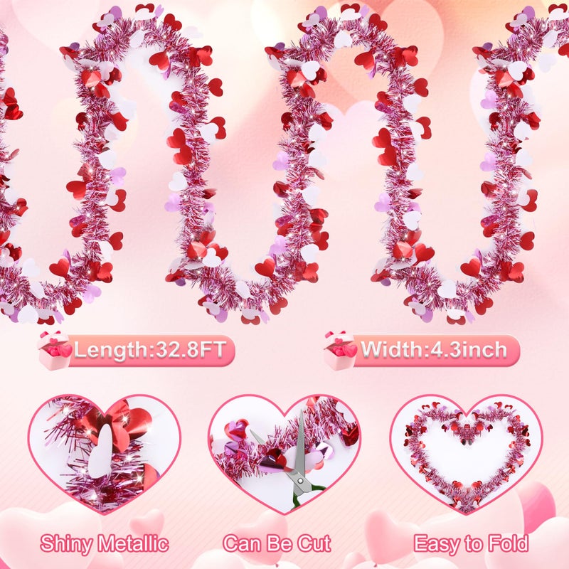Sakayo 33 Ft Valentines Heart Tinsel Garland Decorations, Valentines Day Red Pink White Metallic Garland Valentine's Day Decorations for Home Indoor Outdoor Wedding Hanging Valentines Day Decor - Image 2