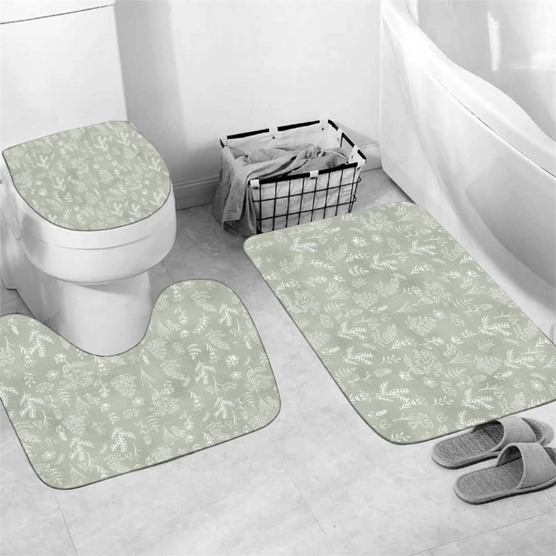 Chrainy 4Pcs Green Leaves Shower Curtain Set with Rugs Plants Floral Rustic Bathroom Decor Set Vintage Sage Bathroom Set with Shower Curtain and Rugs and Accessories 12 Hooks - Image 4