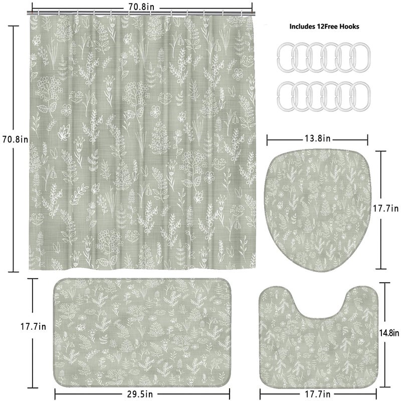 Chrainy 4Pcs Green Leaves Shower Curtain Set with Rugs Plants Floral Rustic Bathroom Decor Set Vintage Sage Bathroom Set with Shower Curtain and Rugs and Accessories 12 Hooks - Image 5