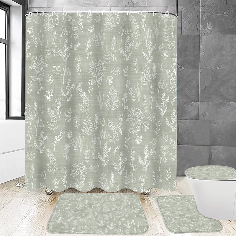 Chrainy 4Pcs Green Leaves Shower Curtain Set with Rugs Plants Floral Rustic Bathroom Decor Set Vintage Sage Bathroom Set with Shower Curtain and Rugs and Accessories 12 Hooks - Image 1